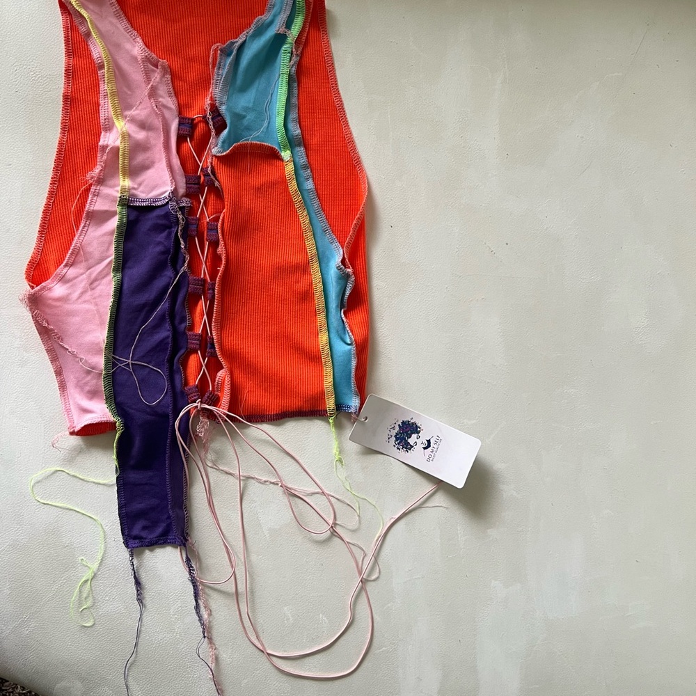 Colorful Patchwork cropped Lace-Up Top